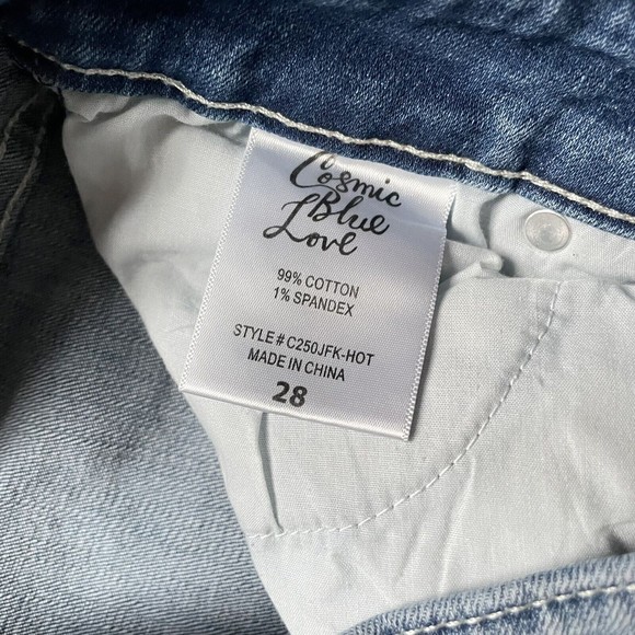 Cosmic Blue Love Cropped Denim Jeans Size 28 Blue Mid Rise Distressed Raw Hem - Picture 9 of 12